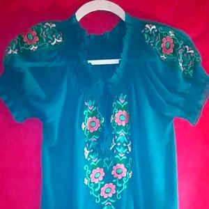 Teal blue floral embroidery sheer Ruffle top